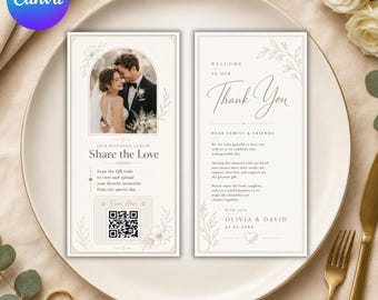 Marque-places de remerciement moderne avec code QR, note de remerciement pour table de mariage minimaliste, note de serviette de table de remerciement modifiable, modèle de toile modifiable
