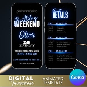 May include: Digital invitation template for a 35th birthday weekend in New York City. The design features a black background with neon blue text, including the event details and RSVP information. The invitation is animated and created with Canva.