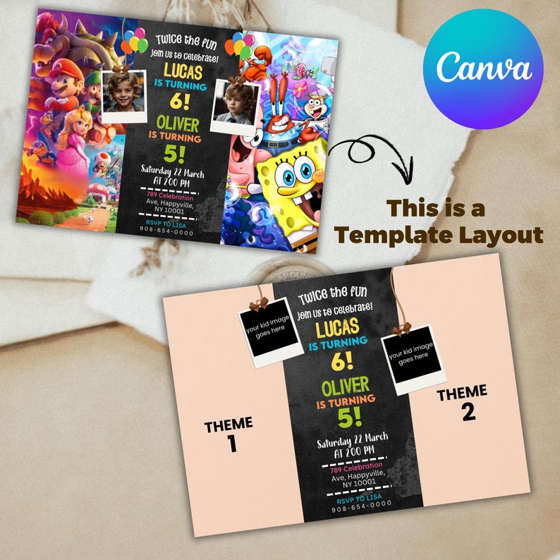 Editable Sibling Birthday Invitation, Double Birthday Invite, Dual Combined Twins, Boy and Girl Double Invite, Canva Editable