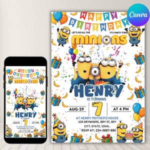 May include: A digital birthday invitation template featuring yellow Minion characters, colorful balloons, gift boxes, and confetti. The text reads: Happy Birthday, Minions, Henry is turning 7, Aug-29 at 4 PM, at Henry Mother's House, 123 Drywhere, Bry St, Bey.