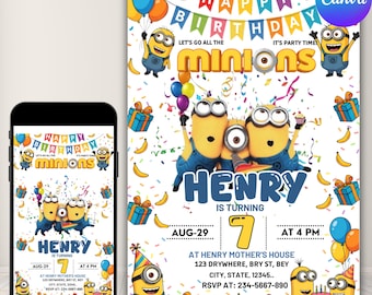 Bearbeitbare Einladungsvorlage für eine Geburtstagsfeier mit gelben Minions, druckbare Einladung für Kindergeburtstage, Einladung zur Geburtstagsfeier der gelben Minions-Crew, bearbeitbar mit Canva