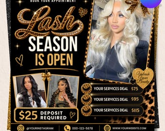 Flyer imprimé léopard pour la réservation de poses d'extensions de cils, promotion spéciale technicienne en extensions de cils, flyer pour salon de beauté, modèle Canva modifiable, annonce de réservation de rendez-vous