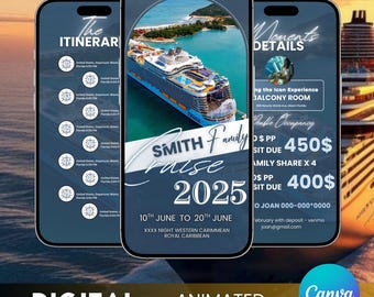 Faire-part d'itinéraire de croisière en famille, invitation numérique 2025 à une réunion de famille, planificateur de vacances, evite de vacances, modèle DIY, canva modifiable