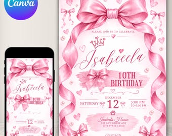 Pink Bow Birthday Invitation, Coquette Birthday Party Invite, Elegant Birthday Template, Girl’s Birthday Evite, Canva Editable Template