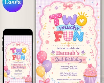 Invitation pour le 2e anniversaire d'une fille, thème « Two Much Fun », invitation pour un 2e anniversaire tout en douceur, modèle Canva modifiable, fête d'anniversaire, invitation d'anniversaire rose