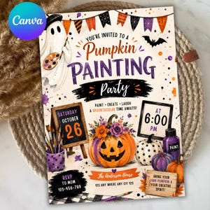 May include: A Pumpkin Painting Party invitation card featuring a ghost holding a palette, a jack-o'-lantern, paint brushes, and bunting. Text includes: You're invited to a Pumpkin Painting Party, Saturday October 26, at 6:00 PM, RSVP to Mom 123-456-789.