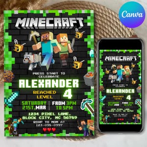 May include: Minecraft-themed birthday party invitation featuring pixelated characters, text "Minecraft", and the name "Alexander" with the age "4". Includes event details and a phone number. The design is on a black brick background.