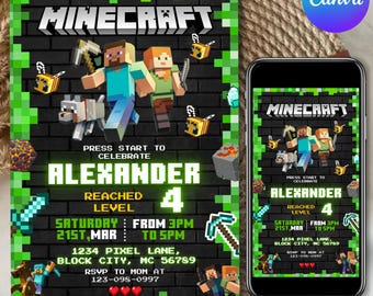Faire-part d'anniversaire Minecraft, invitation de fête d'anniversaire Minecraft, invitation de joueur, invitation d'anniversaire de Minecraft, anniversaire de joueur, toile modifiable