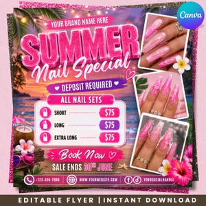 Könnte beinhalten: Ein pinkfarbener und glitzernder Flyer, der ein Sommer-Nagel-Special bewirbt. Der Flyer enthält Bilder von pinkfarbenen Nageldesigns, eine Preisliste für kurze, lange und extra lange Nägel und den Text "Jetzt buchen".