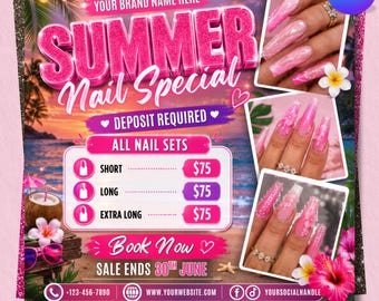 Flyer de Promoção de Unhas de Verão, Flyer de Ofertas de Verão, Flyer de Promoção para Manicures, Promoção de Unhas, Flyer para Agendamento de Unhas, Flyer Editável no Canva