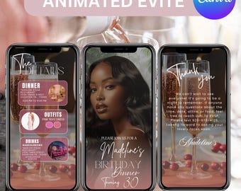 Digital Birthday Dinner invitation, Animated Digital Birthday Dinner Party, birthday Evite, Music, Text, Birthday Party, Canva Editable