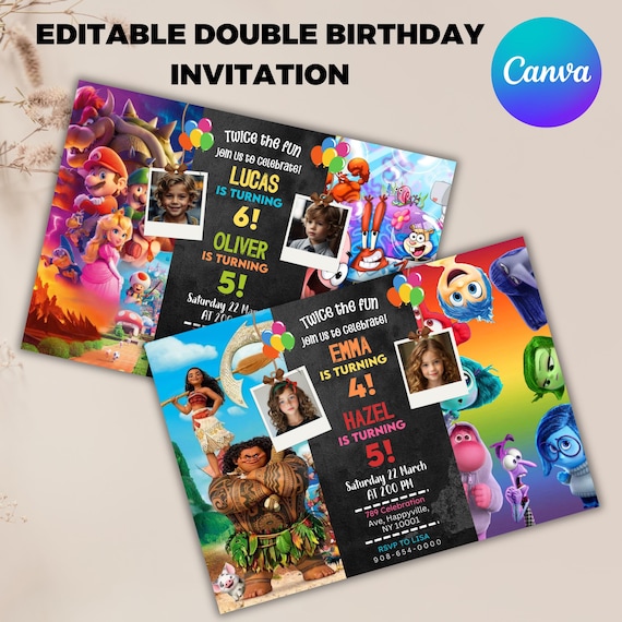 Editable Sibling Birthday Invitation, Double Birthday Invite, Dual Combined Twins, Boy and Girl Double Invite, Canva Editable