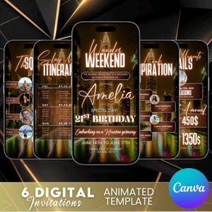 May include: Six digital animated invitation templates on smartphones. The design features a cityscape background with gold accents. The central invitation is for Amelia's 21st birthday, with event details and RSVP information.