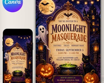 Modèle d'invitation pour une fête d'Halloween, fête d'Halloween mignonne avec citrouille et fantôme, invitation d'Halloween modifiable sur Canva, Canva modifiable