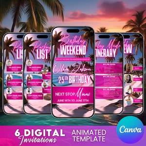 Puede incluir: Seis invitaciones digitales animadas en smartphones. Las invitaciones tienen un diseño rosa y blanco con palmeras y escenas de playa. El texto incluye "Birthday Weekend", "Packing List" e "Itinerary". El logotipo de Canva es visible.