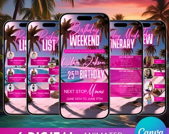Girls Trip Animated Itinerary, Digital Template, Travel Itinerary invite, Birthday Weekend Party Itinerary, Digital Schedule, Canva Editable