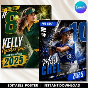 May include: Two softball posters featuring female athletes. One poster has a green and yellow color scheme with the text "Pitcher #8 Kelly Anderson Salem High Softball 2025". The other poster has a blue and white color scheme with the text "2nd Base #10 Mitch Chel Orlando High Softball 2025".