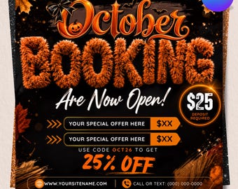 Dépliant de réservation d'octobre, Réservations ouvertes pour octobre, Dépliant coiffure Halloween, Dépliant saison effrayante, Dépliant coiffure d'octobre, Ongles, maquillage, extensions de cils, perruques, tutoriels Canva