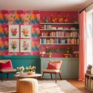 May include: A colorful living room with floral wallpaper, teal trim, and a pink accent wall. The room features a sofa with floral pillows, framed botanical prints, a bookshelf, and a large window with a vase of flowers.
