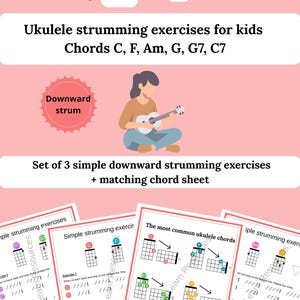 Peut inclure: Affiche éducative rose avec des graphiques d'arc-en-ciel et de nuages. L'affiche présente des exercices de strumming de ukulélé pour enfants, y compris les accords C, F, Am, G, G7 et C7. Elle comprend un schéma d'une personne jouant du ukulélé et plusieurs feuilles d'exercices.