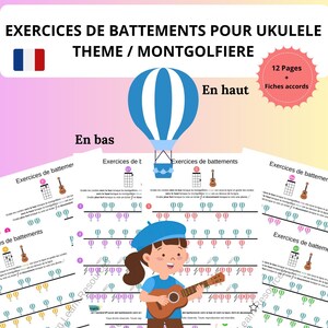 Puede incluir: Un conjunto de 12 páginas de ejercicios de rasgueo para ukelele con temática de globo aerostático. Las hojas incluyen diagramas de acordes, instrucciones para rasguear hacia arriba y hacia abajo, e iconos de globos aerostáticos.