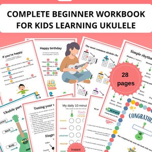 Op de afbeelding: Een ukulele werkboek voor beginners voor kinderen, met kleurrijke pagina's, diagrammen en oefeningen. Het werkboek bevat de tekst "COMPLETE BEGINNER WORKBOOK FOR KIDS LEARNING UKULELE" en "28 pages".