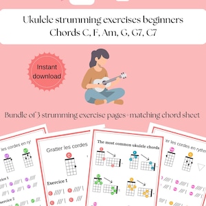 Esercizi di ukulele per bambini e principianti. Schede di pratica stampabili e tabella degli accordi con codice colore.