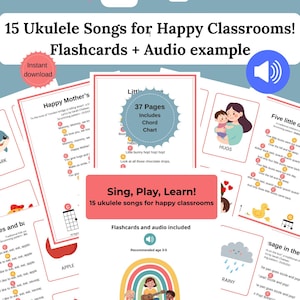 Peut inclure: Ensemble de flashcards colorées pour 15 chansons de ukulélé, avec exemples audio, pour les salles de classe. L'image présente un arc-en-ciel et des enfants jouant. Recommandé pour les enfants de 3 à 5 ans. Le texte dit : 'Chantez, jouez, apprenez !'