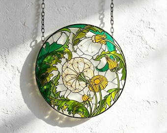 Atrapasueños artesanal de vidrieras con diseño del ciclo de vida del diente de león / Atrapasueños de renovación primaveral, decoración rústica para el hogar, regalo para ella, regalo para amantes de las flores.