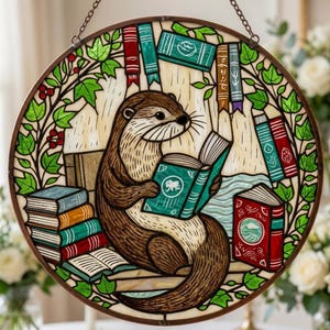 Atrapasueños de vidrieras con forma de nutria amante de los libros, acogedor atrapasueños para leer, regalos para amantes de las mascotas, decoración romántica con temática oceánica, regalo de aniversario para parejas.