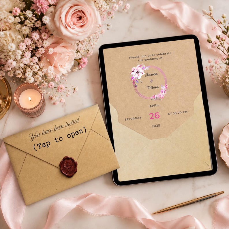 May include: A digital tablet displaying a wedding invitation on a kraft paper background with floral accents, featuring the text 'Please join us to celebrate the wedding of: Aaroon & Olivia, APRIL 26 2025'. Beside it lies a matching envelope with a wax seal.