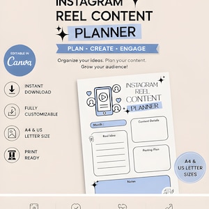 Instagram Reels Content Planner | Editable Canva Planner Instagram Reels Planner for Canva, Hooks, Scripts, Shot Lists and Calendar