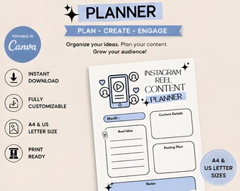 Instagram Reels Content Planner | Editable Canva Planner Instagram Reels Planner for Canva, Hooks, Scripts, Shot Lists and Calendar