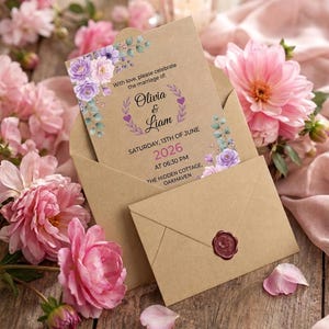 May include: A kraft paper wedding invitation card and matching envelope with a dark red wax seal. The card features purple floral illustrations, green eucalyptus leaves, and text reading: With love, please celebrate the marriage of: Olivia & Liam, Saturday, 13th of June, 2026, at 06:30 PM, The Hidden Cottage, Oakhaven.