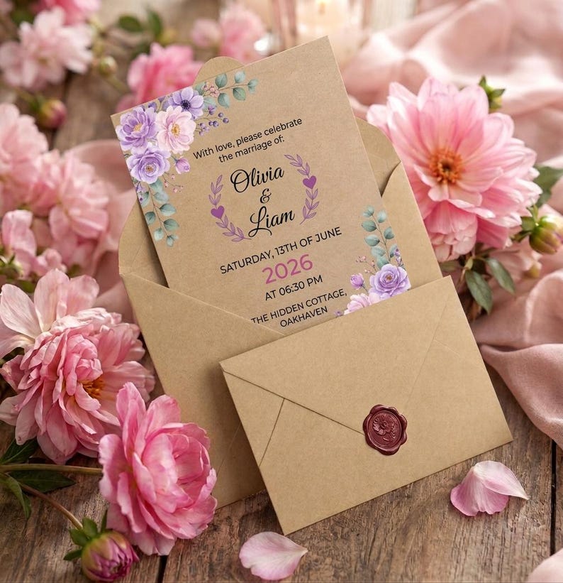 May include: A kraft paper wedding invitation card and matching envelope with a dark red wax seal. The card features purple floral illustrations, green eucalyptus leaves, and text reading: With love, please celebrate the marriage of: Olivia & Liam, Saturday, 13th of June, 2026, at 06:30 PM, The Hidden Cottage, Oakhaven.
