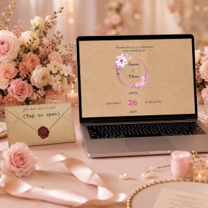 May include: A laptop screen displays a digital wedding invitation on a kraft paper background with a floral wreath, the names Aaron and Olivia, and the date April 26, 2025. Beside it sits a matching kraft paper envelope with a red wax seal.