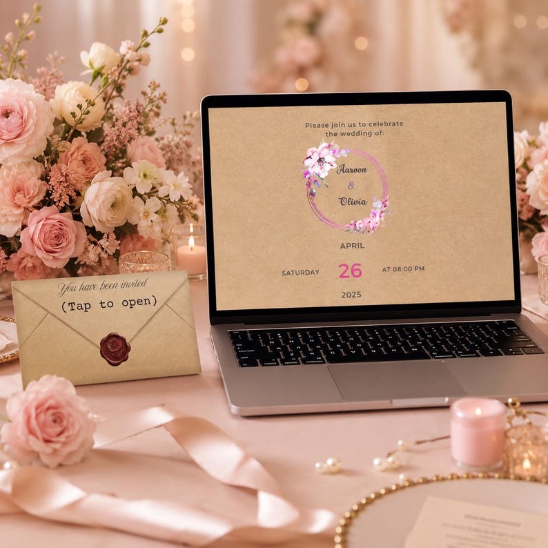 May include: A laptop screen displays a digital wedding invitation on a kraft paper background with a floral wreath, the names Aaron and Olivia, and the date April 26, 2025. Beside it sits a matching kraft paper envelope with a red wax seal.