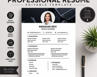 Resume Professional | Editable Resume Download Professional Resume Template for Canva, Modern CV, Cover Letter and References