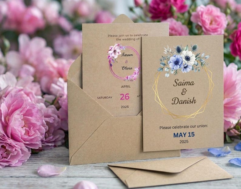 May include: Two rectangular kraft paper wedding invitation cards with matching envelopes. One card features a pink floral wreath with the text 'Jareen & Olivia' and 'April 26 2025'. The other displays a blue floral arrangement and gold geometric frame with 'Saima & Danish' and 'May 15 2025'.