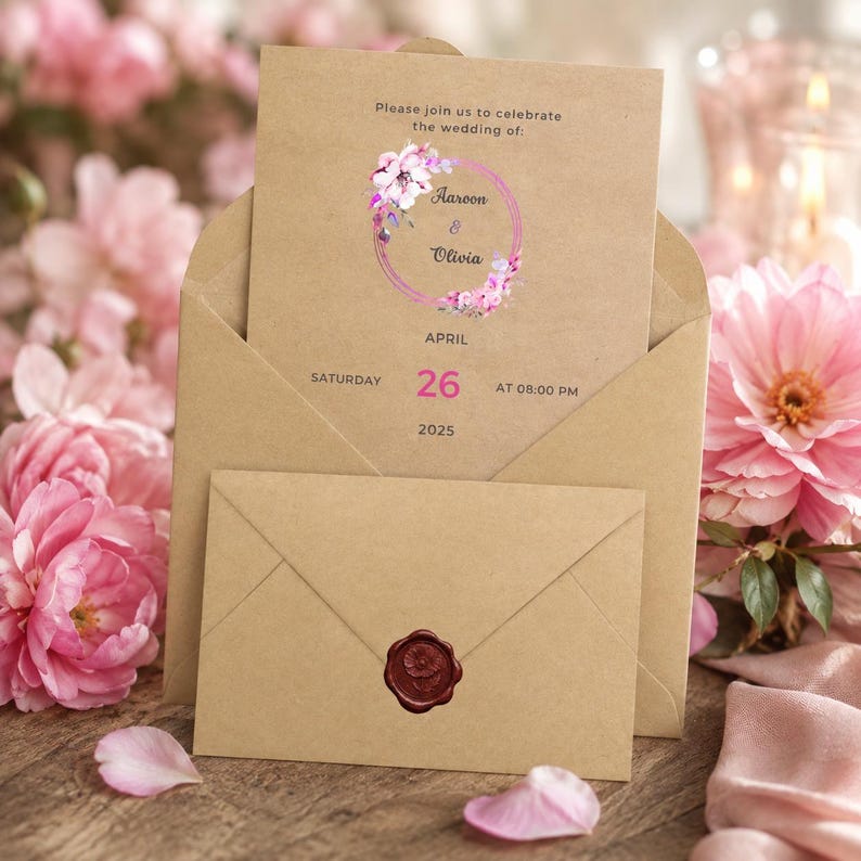 May include: A tan kraft paper wedding invitation card and matching envelope. The card features a pink floral wreath graphic, the text "Please join us to celebrate the wedding of: Aaroon & Olivia", and the date "Saturday April 26 2025 at 08:00 PM".