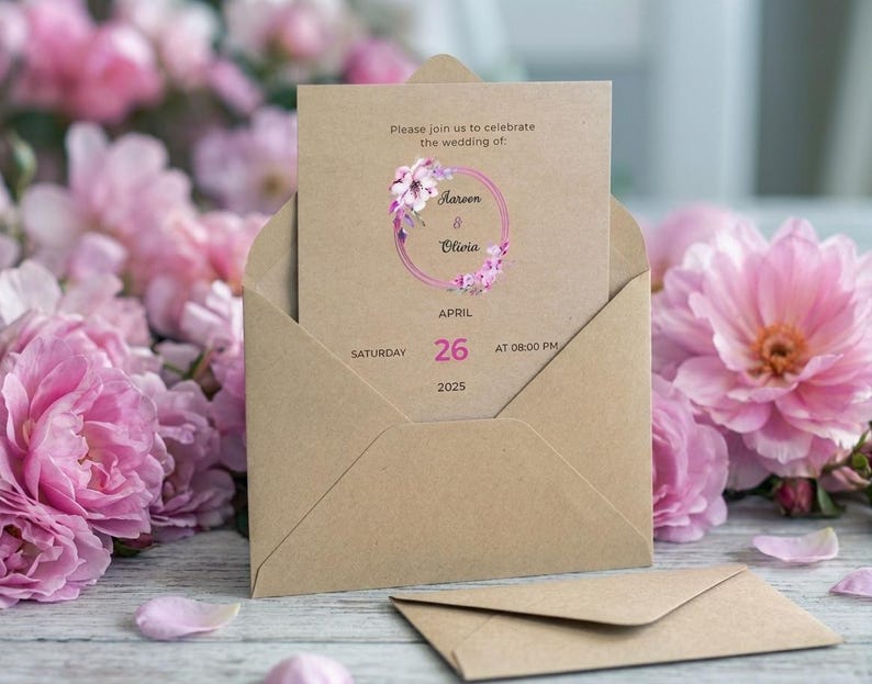 May include: A tan kraft paper envelope containing a matching wedding invitation card. The card features a pink floral wreath graphic, the text Please join us to celebrate the wedding of Aareen & Olivia, and the date Saturday April 26 2025 at 08:00 PM.