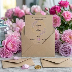 May include: A kraft paper envelope containing a wedding invitation card with a lavender and gold wreath graphic. The text reads: Please join us to celebrate the wedding of: Aaroon & Olivia, Saturday April 26 2025 at time. Two empty envelopes and a gold wax seal.