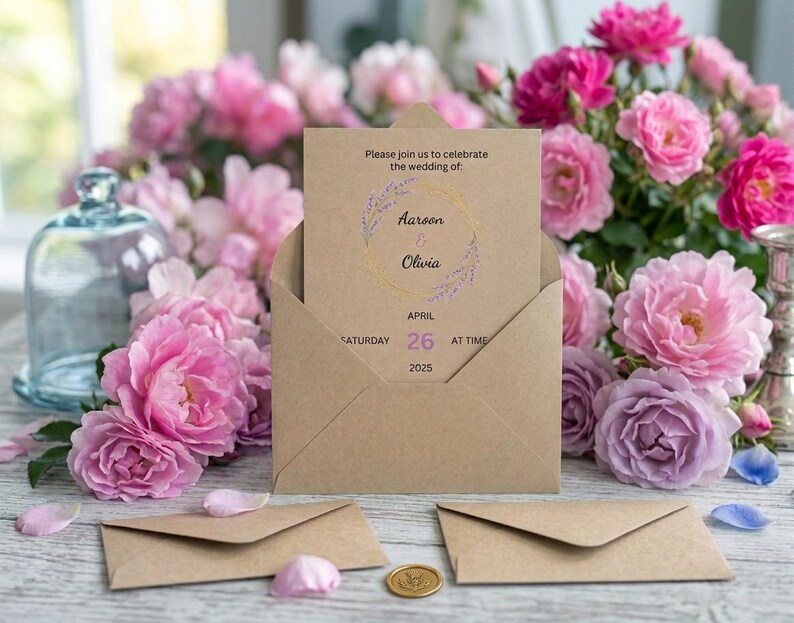May include: A kraft paper envelope containing a wedding invitation card with a lavender and gold wreath graphic. The text reads: Please join us to celebrate the wedding of: Aaroon & Olivia, Saturday April 26 2025 at time. Two empty envelopes and a gold wax seal.