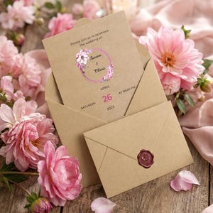 May include: A tan cardstock wedding invitation featuring a pink floral wreath graphic, the text "Please join us to celebrate the wedding of: Aaron & Olivia", and the date "Saturday April 26 2025 at 08:00 PM", tucked into a matching envelope with a wax seal.