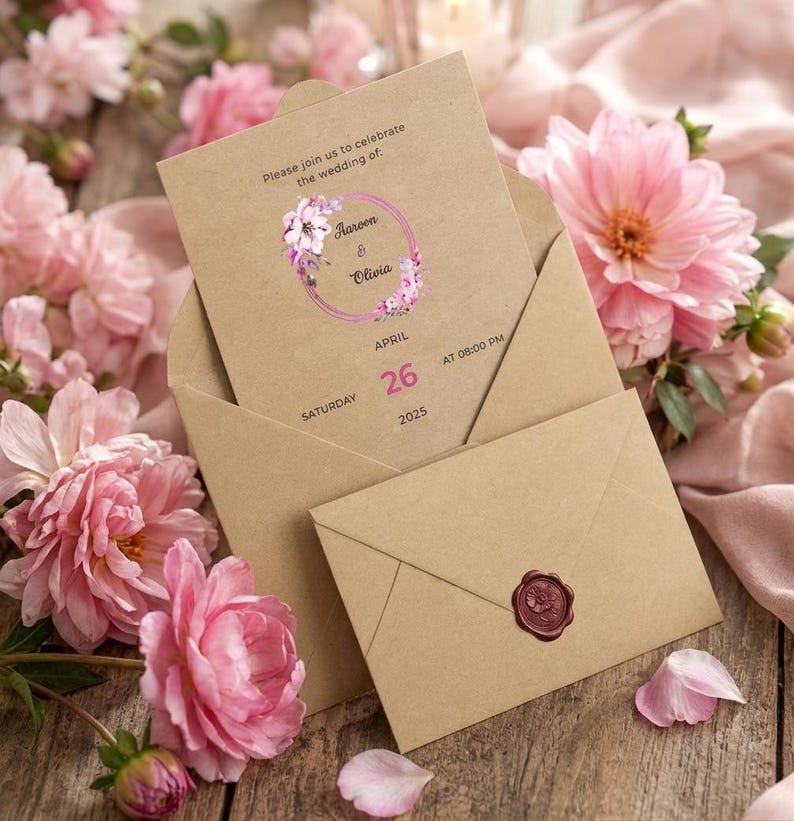 May include: A tan cardstock wedding invitation featuring a pink floral wreath graphic, the text "Please join us to celebrate the wedding of: Aaron & Olivia", and the date "Saturday April 26 2025 at 08:00 PM", tucked into a matching envelope with a wax seal.