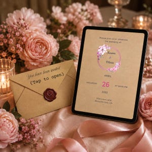 May include: A digital tablet displaying a wedding invitation for Aaron and Olivia on April 26, 2025, at 8:00 PM, alongside a tan envelope with a wax seal featuring the text You have been invited (Tap to open) and floral accents.