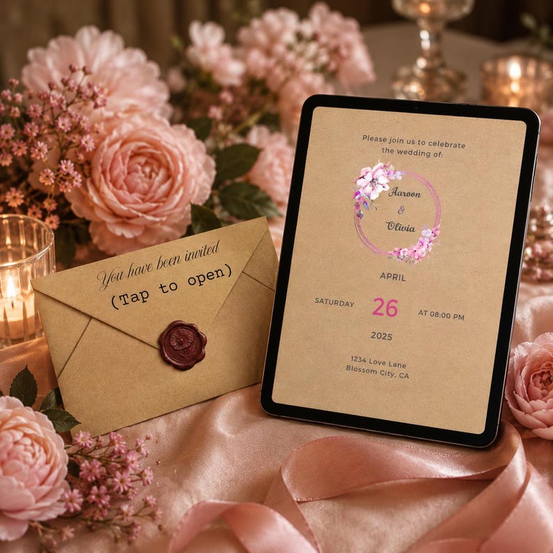 May include: A digital tablet displaying a wedding invitation for Aaron and Olivia on April 26, 2025, at 8:00 PM, alongside a tan envelope with a wax seal featuring the text You have been invited (Tap to open) and floral accents.