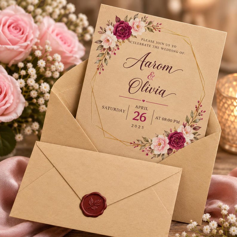 May include: A tan wedding invitation card featuring a gold geometric frame, floral illustrations in shades of burgundy and pink, and text reading: Please join us to celebrate the wedding of: Aarom & Olivia, Saturday, April 26, 2025, at 08:00 PM.
