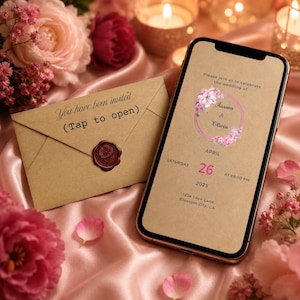 May include: A smartphone displaying a digital wedding invitation for Aaron and Olivia on April 26, 2025, at 8:00 PM, alongside a kraft paper envelope with a wax seal featuring the text You have been invited (Tap to open) on the envelope flap.
