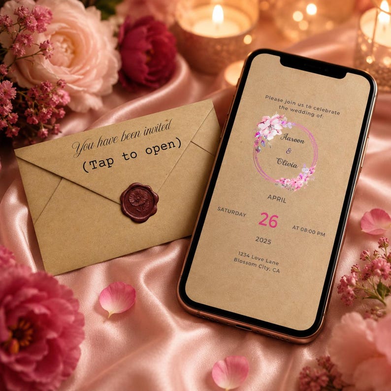May include: A smartphone displaying a digital wedding invitation for Aaron and Olivia on April 26, 2025, at 8:00 PM, alongside a kraft paper envelope with a wax seal featuring the text You have been invited (Tap to open) on the envelope flap.